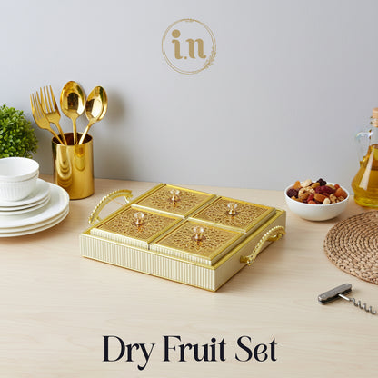 Royal Elegance Wooden Dry Fruit Tray – 4 Compartment Box