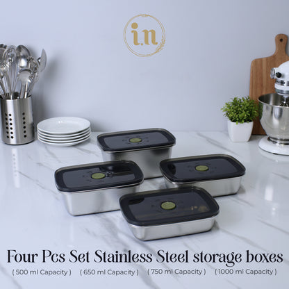 4-Piece Stainless Steel 304 Airtight Storage Containers (500ML, 650ML, 750ML, 1000ML)