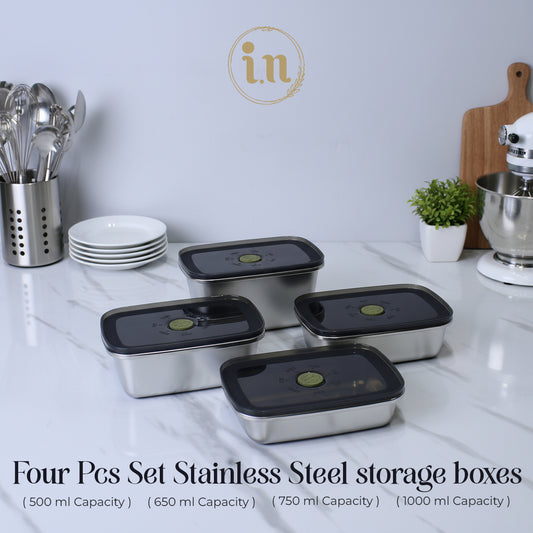 4-Piece Stainless Steel 304 Airtight Storage Containers (500ML, 650ML, 750ML, 1000ML)