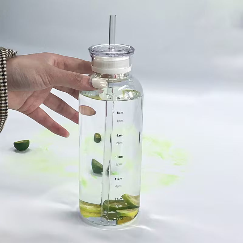 500ML Glass Water Bottle with Straw | Leakproof Motivational Hydration Bottle for Daily Water Intake