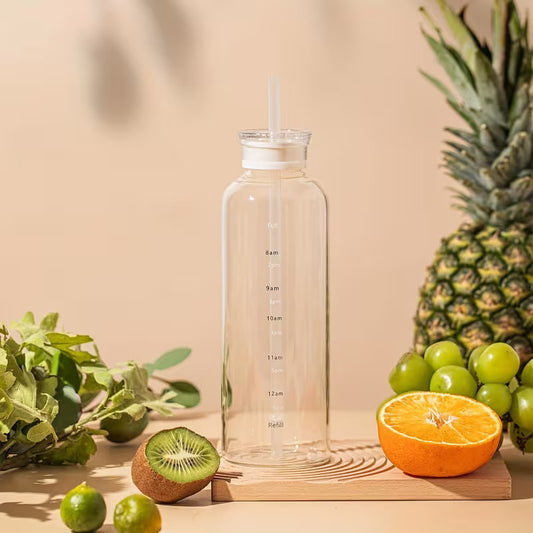 500ML Glass Water Bottle with Straw | Leakproof Motivational Hydration Bottle for Daily Water Intake