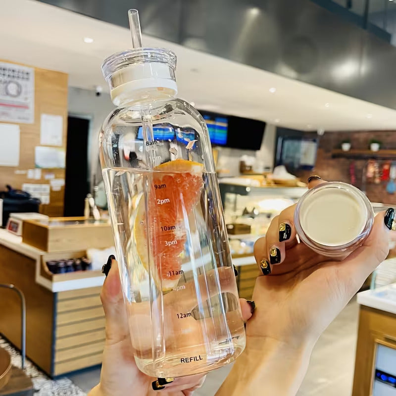 500ML Glass Water Bottle with Straw | Leakproof Motivational Hydration Bottle for Daily Water Intake
