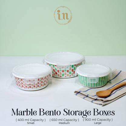Marble Bento 3-Piece Storage Box Set | Airtight Glass Containers with Lock Lids |