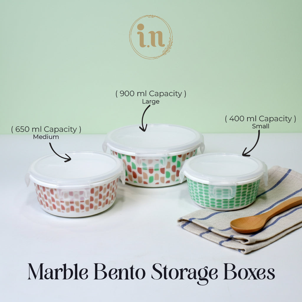 Marble Bento 3-Piece Storage Box Set | Airtight Glass Containers with Lock Lids |