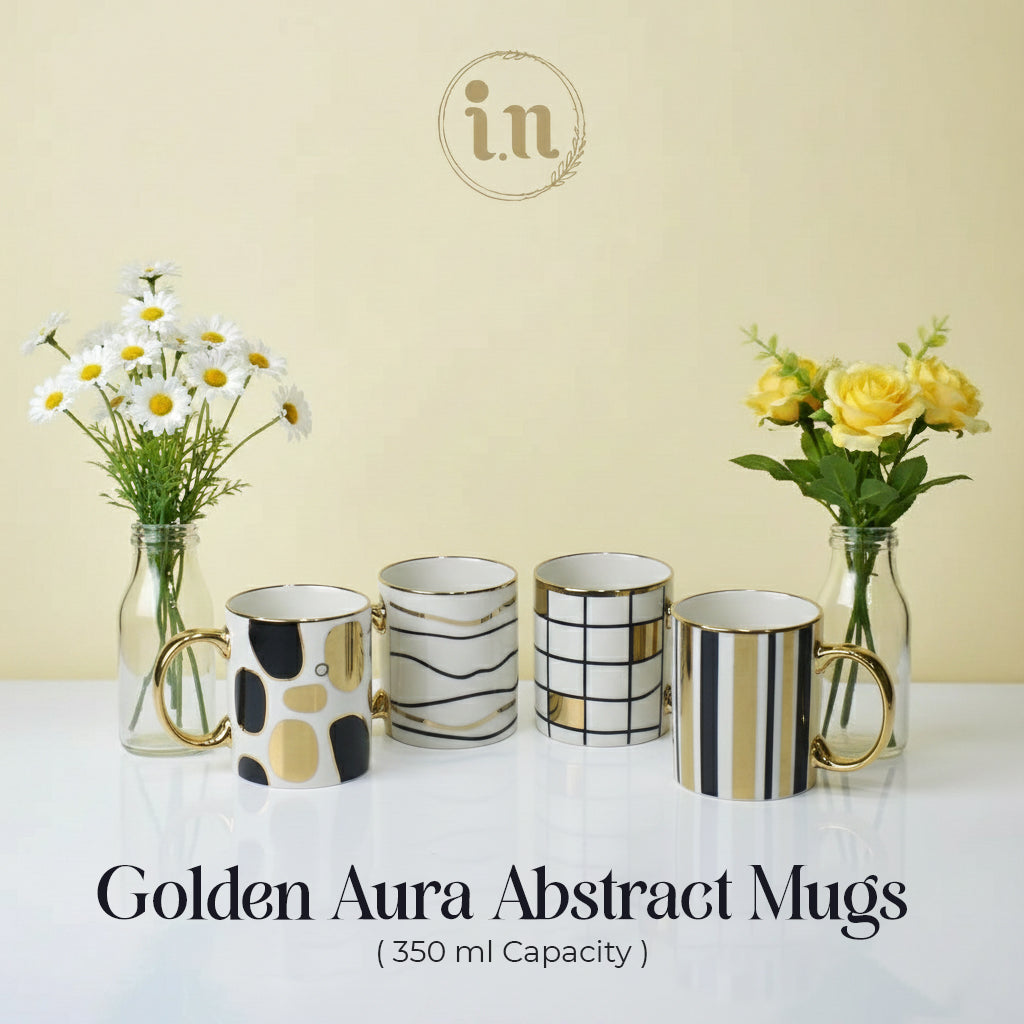 Set of 4 Modern Abstract Ceramic Mug with Gold Handle