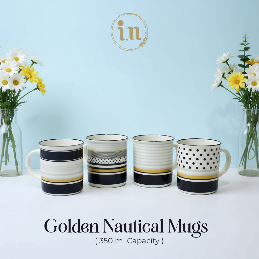 Set Of 4 Modern Black & Gold Ceramic Mugs – Multiple Patterns | Imperial Nest