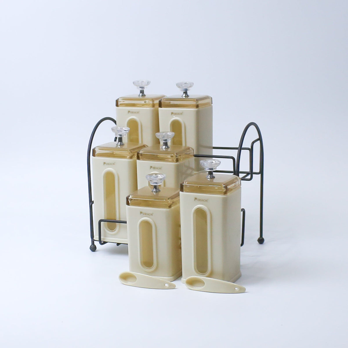Spice Jar Set | Spice Organizer With Stand | 3 Pcs (400ml each) & 3 Pcs (500ml each) Airtight Jars with Stand