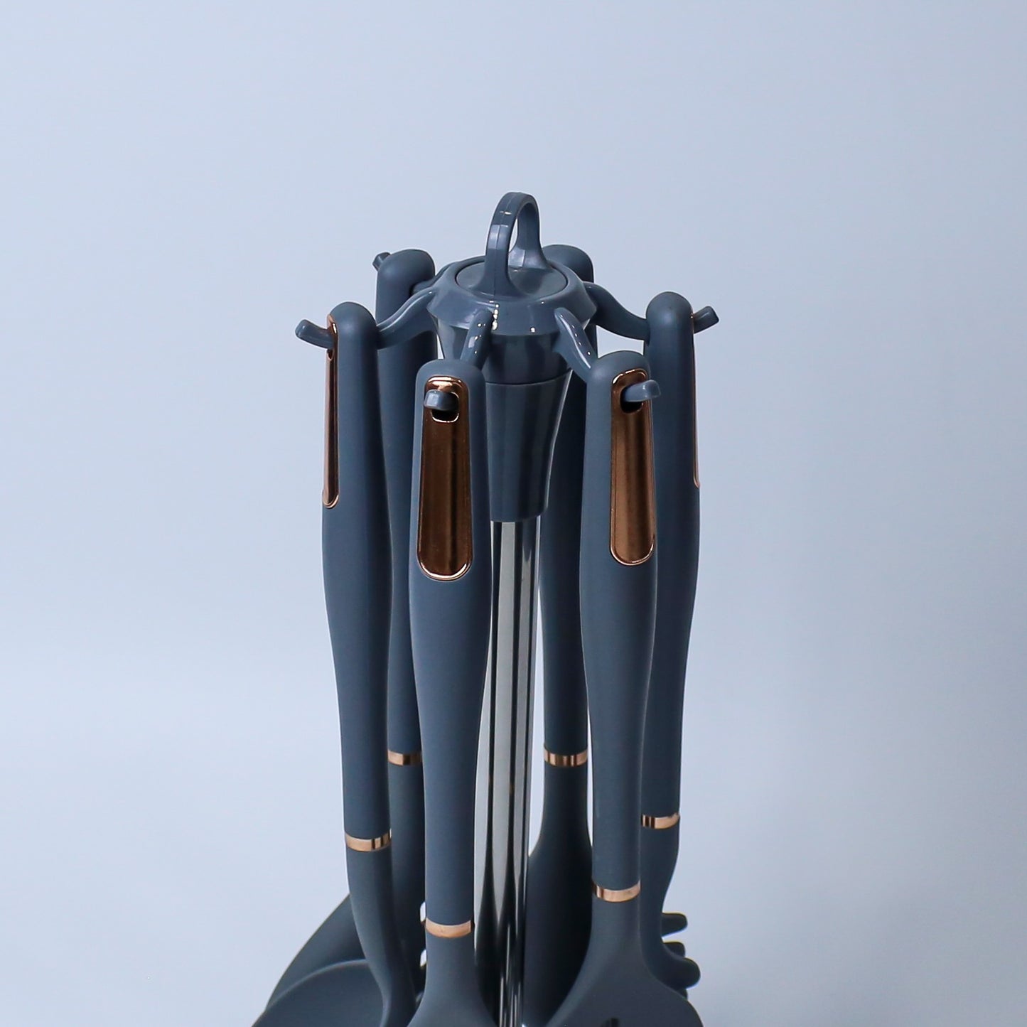 Premium Beige/Dark Slate Blue  Silicone Kitchen Utensil Set with Rotating Stand - 7 Pieces