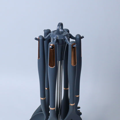 Premium Beige/Dark Slate Blue  Silicone Kitchen Utensil Set with Rotating Stand - 7 Pieces
