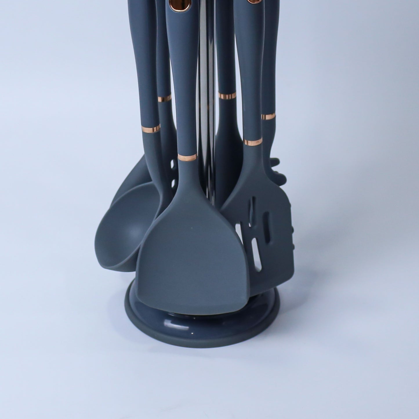 Premium Beige/Dark Slate Blue  Silicone Kitchen Utensil Set with Rotating Stand - 7 Pieces