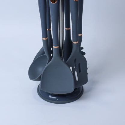 Premium Beige/Dark Slate Blue  Silicone Kitchen Utensil Set with Rotating Stand - 7 Pieces