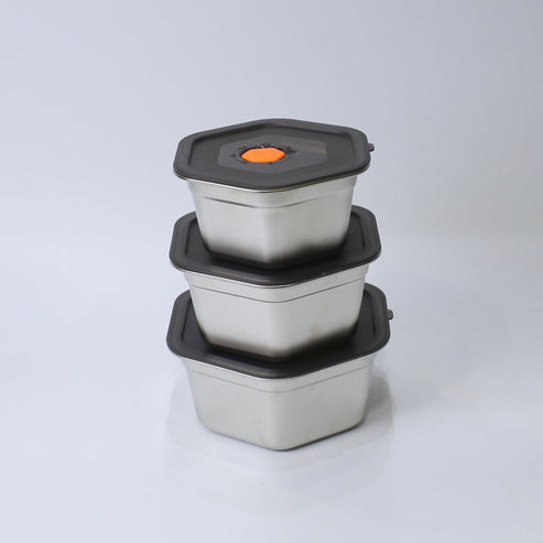Hexagonal 3- Piece Stainless Steel Storage Boxes (1400ML, 2000ML, 2500 ...