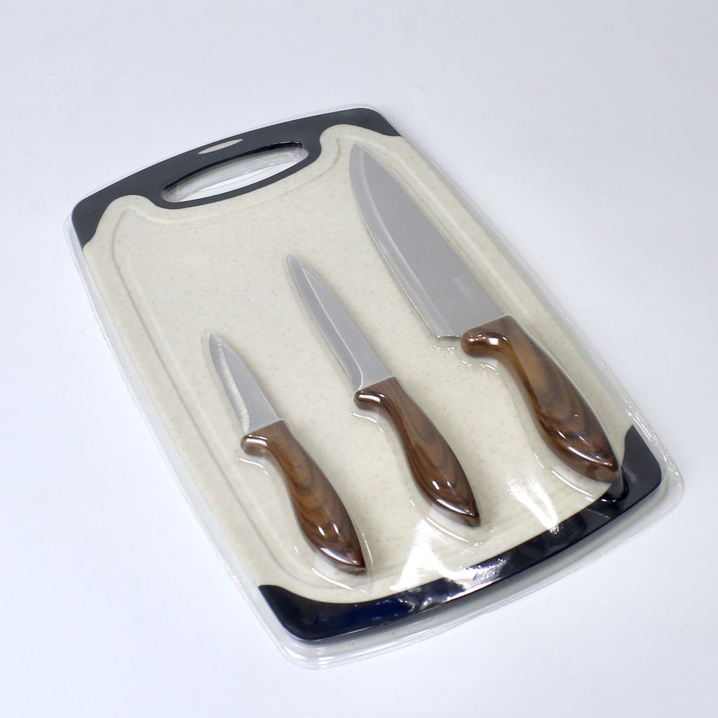 4-Piece Knife Set with Cutting Board – 3 Stainless Steel Knives in Varying Sizes + Chopping Board