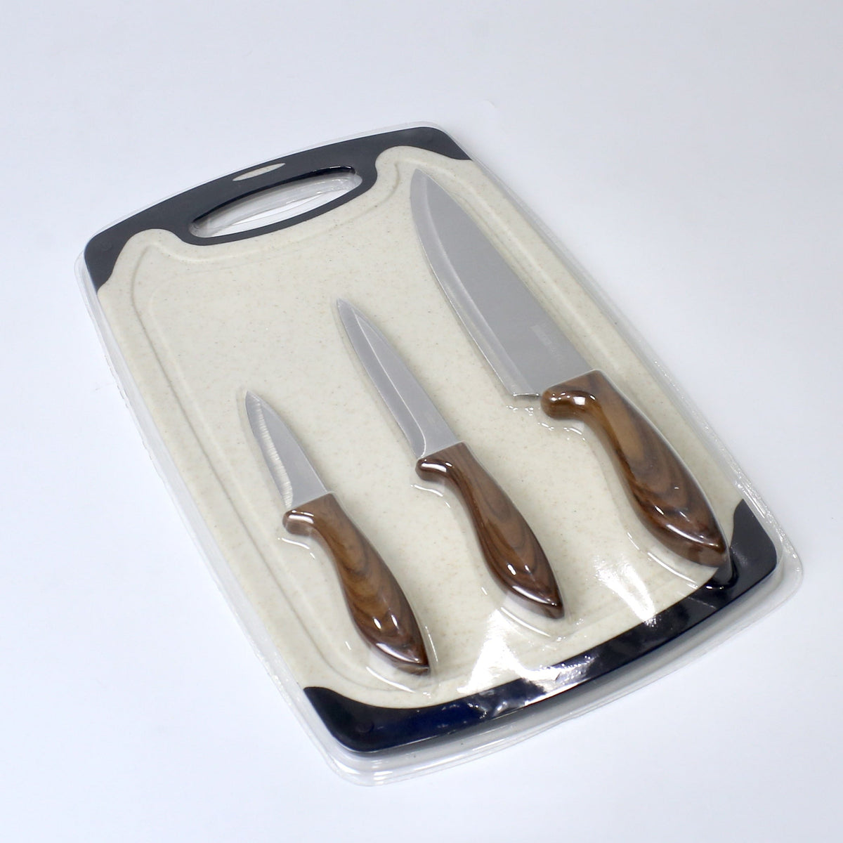 4-Piece Knife Set with Cutting Board – 3 Stainless Steel Knives in Varying Sizes + Chopping Board