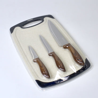 4-Piece Knife Set with Cutting Board – 3 Stainless Steel Knives in Varying Sizes + Chopping Board