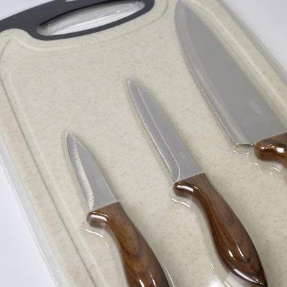 4-Piece Knife Set with Cutting Board – 3 Stainless Steel Knives in Varying Sizes + Chopping Board