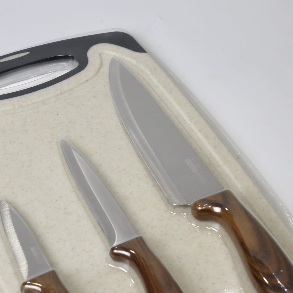 4-Piece Knife Set with Cutting Board – 3 Stainless Steel Knives in Varying Sizes + Chopping Board