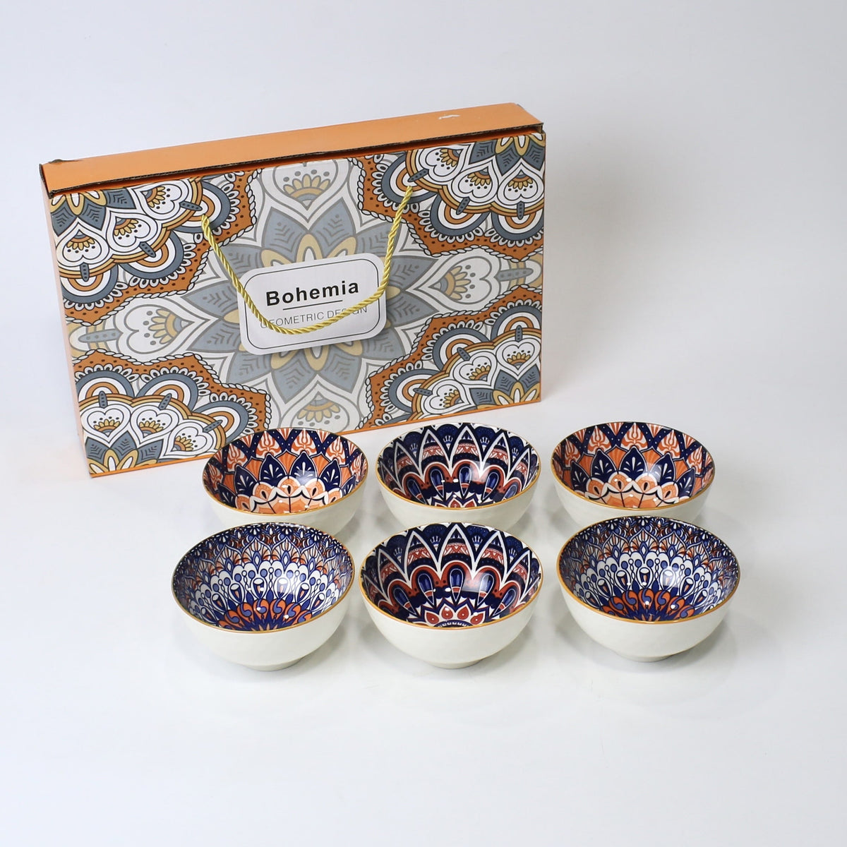 6 Pcs Mandala-Inspired Ceramic Bowl Set with Gift Box Packaging