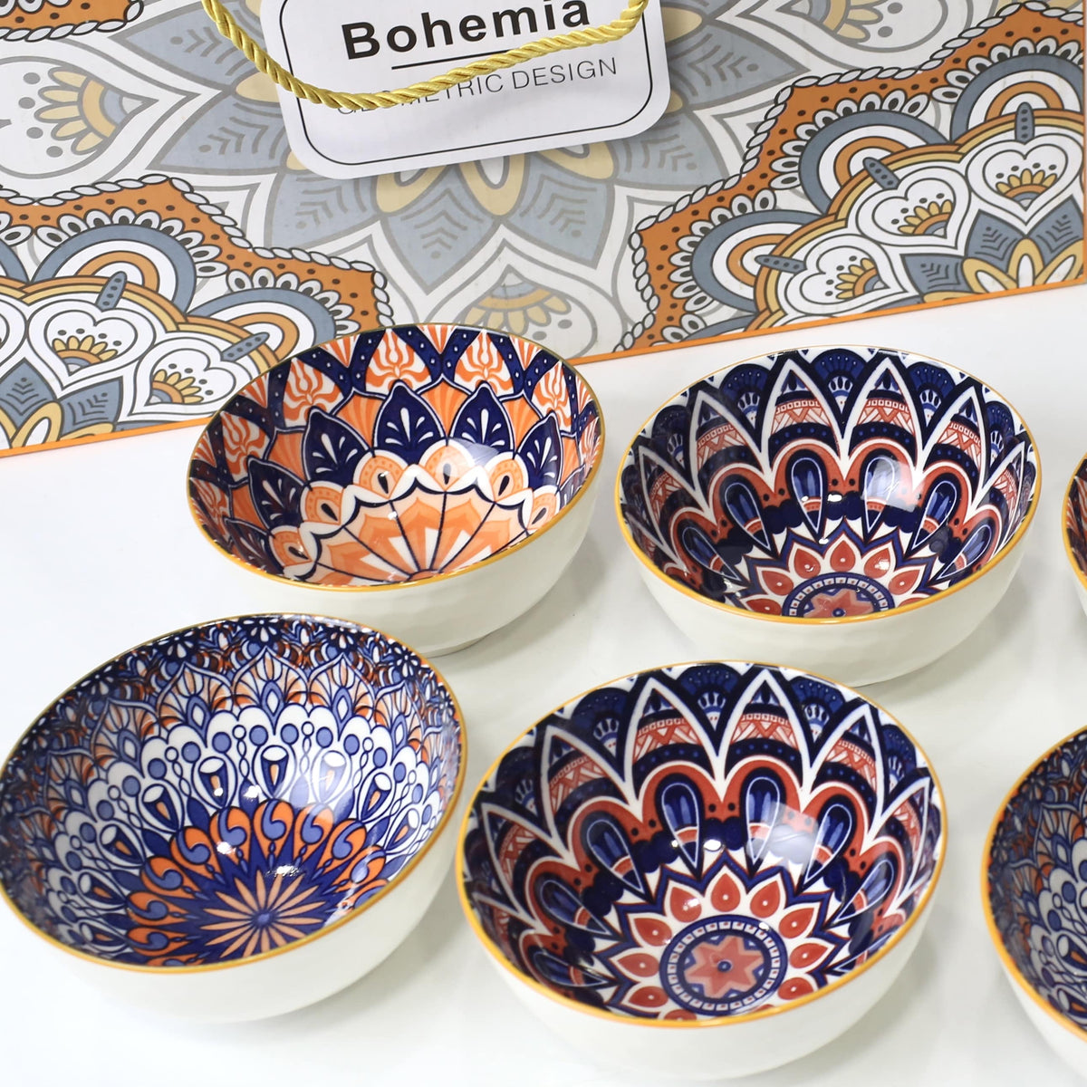 6 Pcs Mandala-Inspired Ceramic Bowl Set with Gift Box Packaging