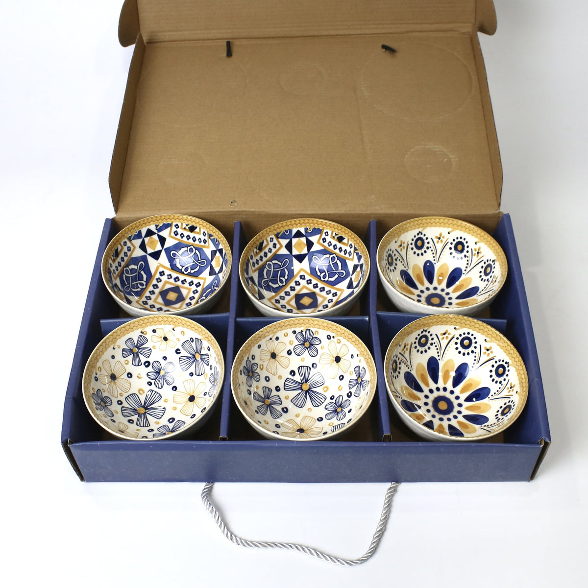 6 Pcs Blue & Mustard Patterned Ceramic Bowl Set with Gift Box Packaging