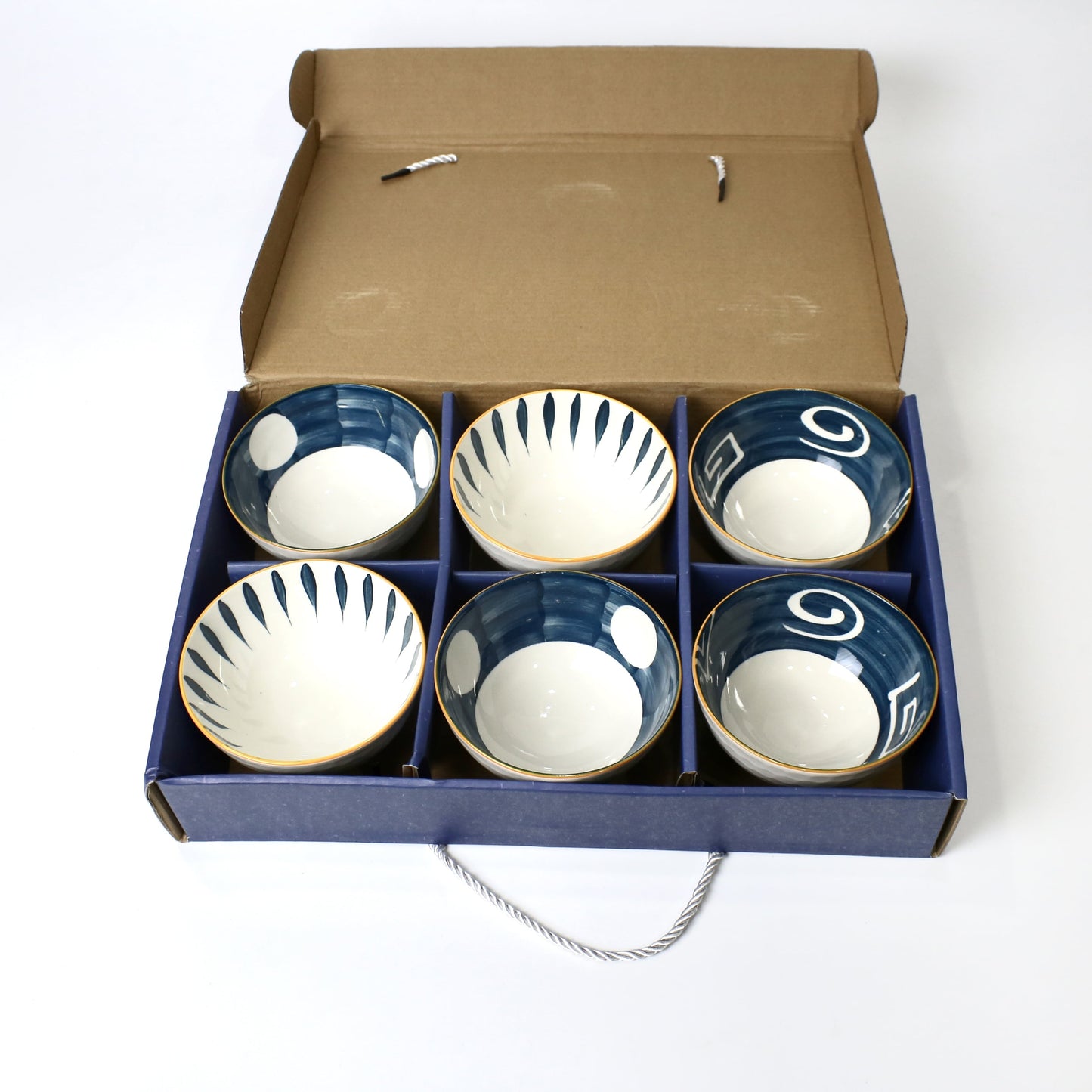 6PCS Ceramic Blue & White Patterned Serving Bowls with Gift Box Packaging