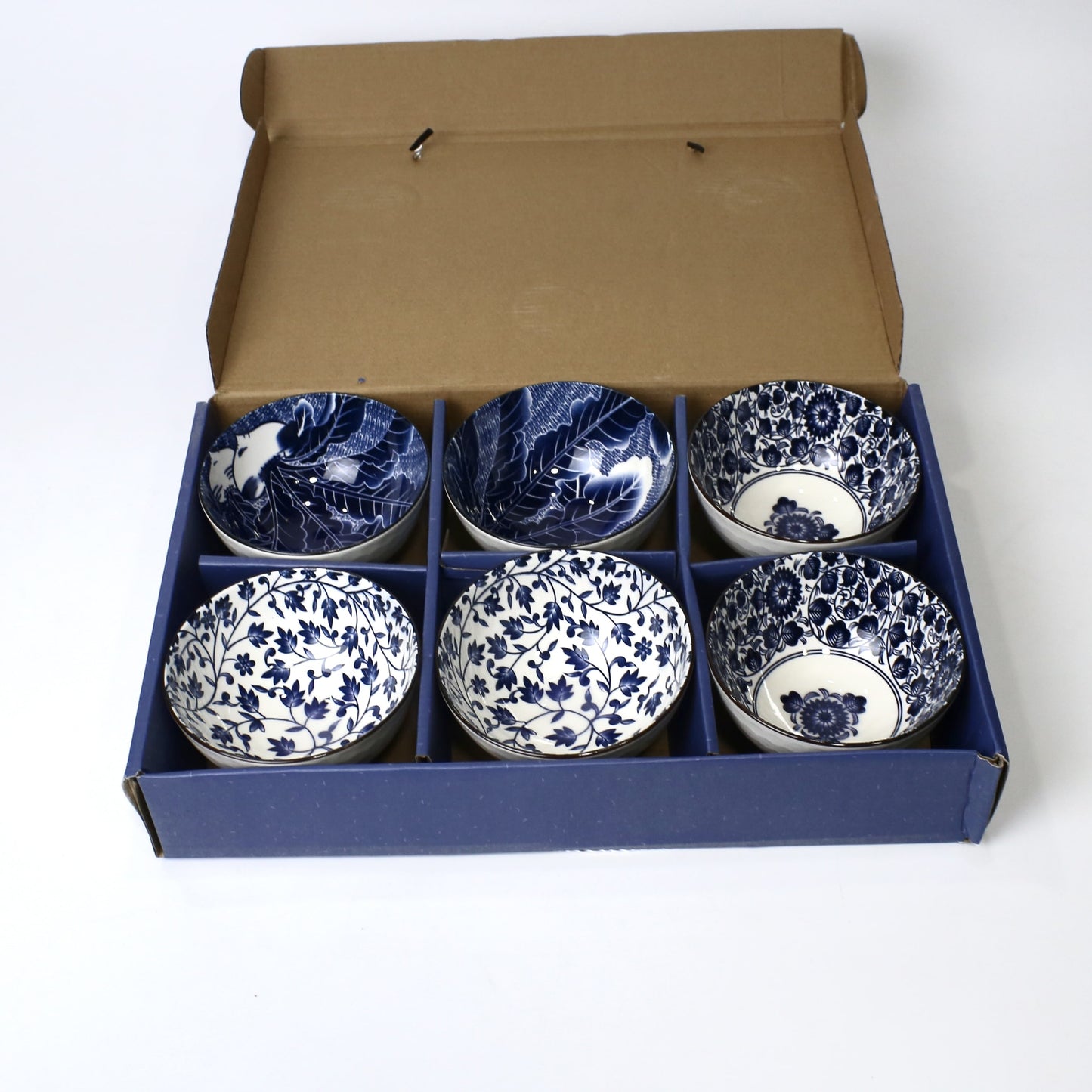 6PCS Blue Floral Ceramic Bowl Set with Gift Box Packaging