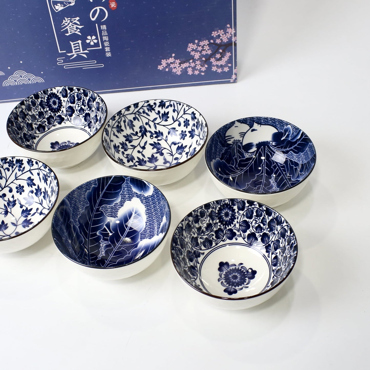 6PCS Blue Floral Ceramic Bowl Set with Gift Box Packaging