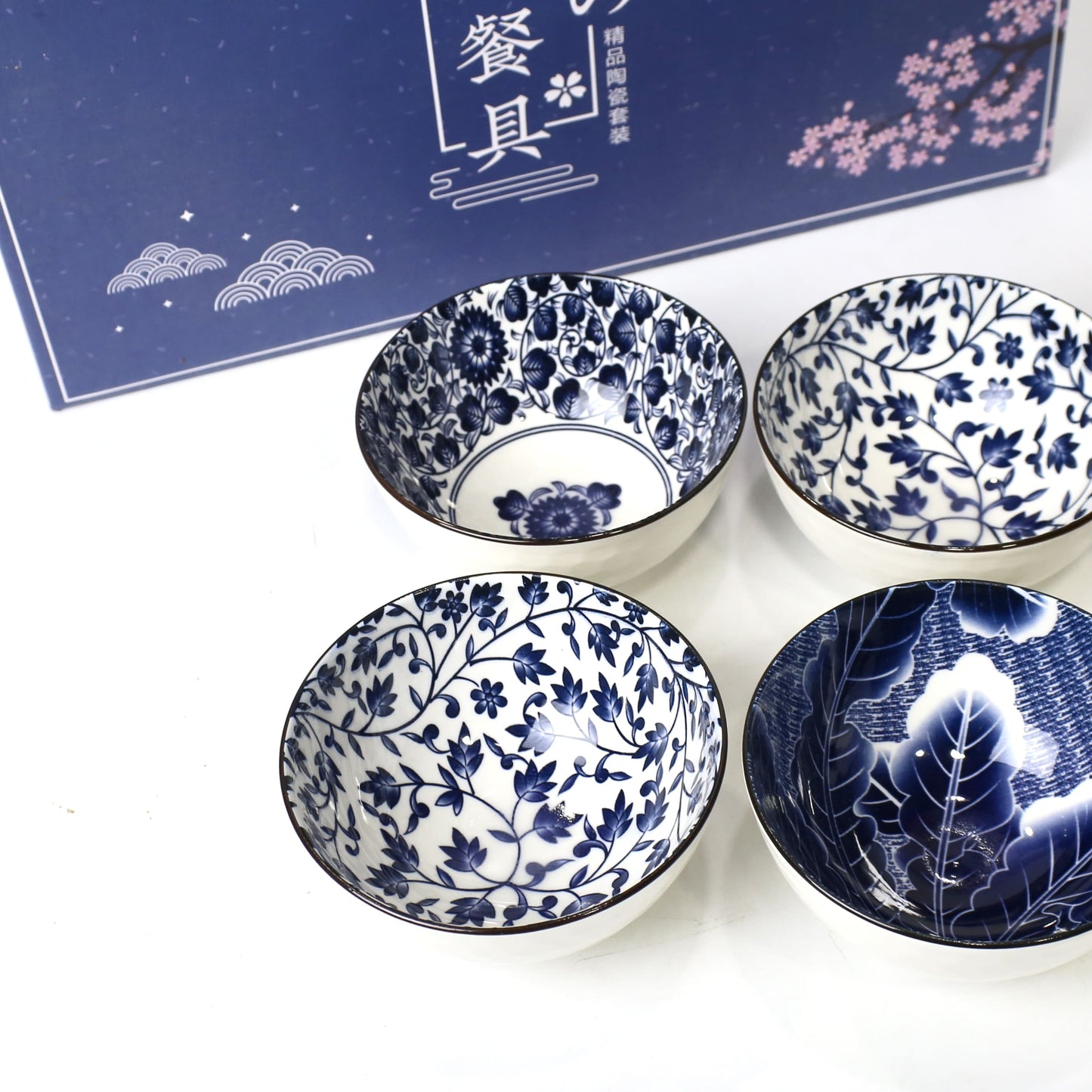 6PCS Blue Floral Ceramic Bowl Set with Gift Box Packaging