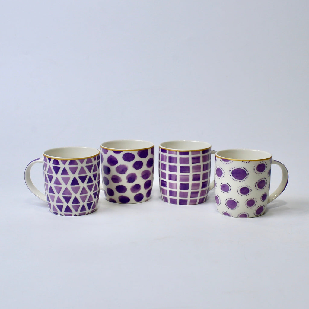 Set Of 4 Purple Pattern Ceramic Mugs – Bold Geometric & Dot Designs | Imperial Nest