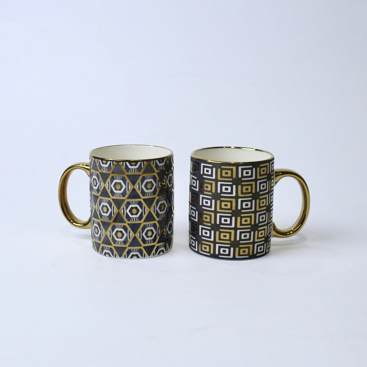 Set of 2 Luxury Geometric Ceramic Mugs with Golden Handle | Imperial Nest