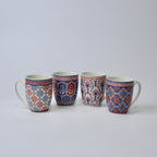 Set of 4 Saffron Mandala Ceramic Mug Collection – Red & Blue Traditional Prints | Imperial Nest