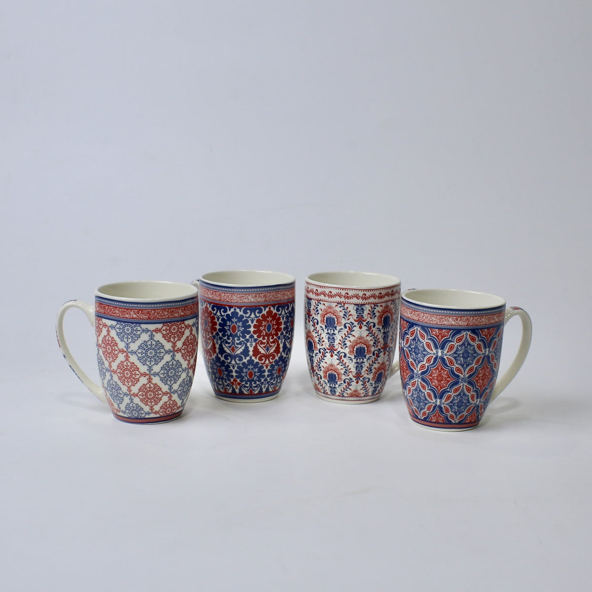 Set of 4 Saffron Mandala Ceramic Mug Collection – Red & Blue Traditional Prints | Imperial Nest