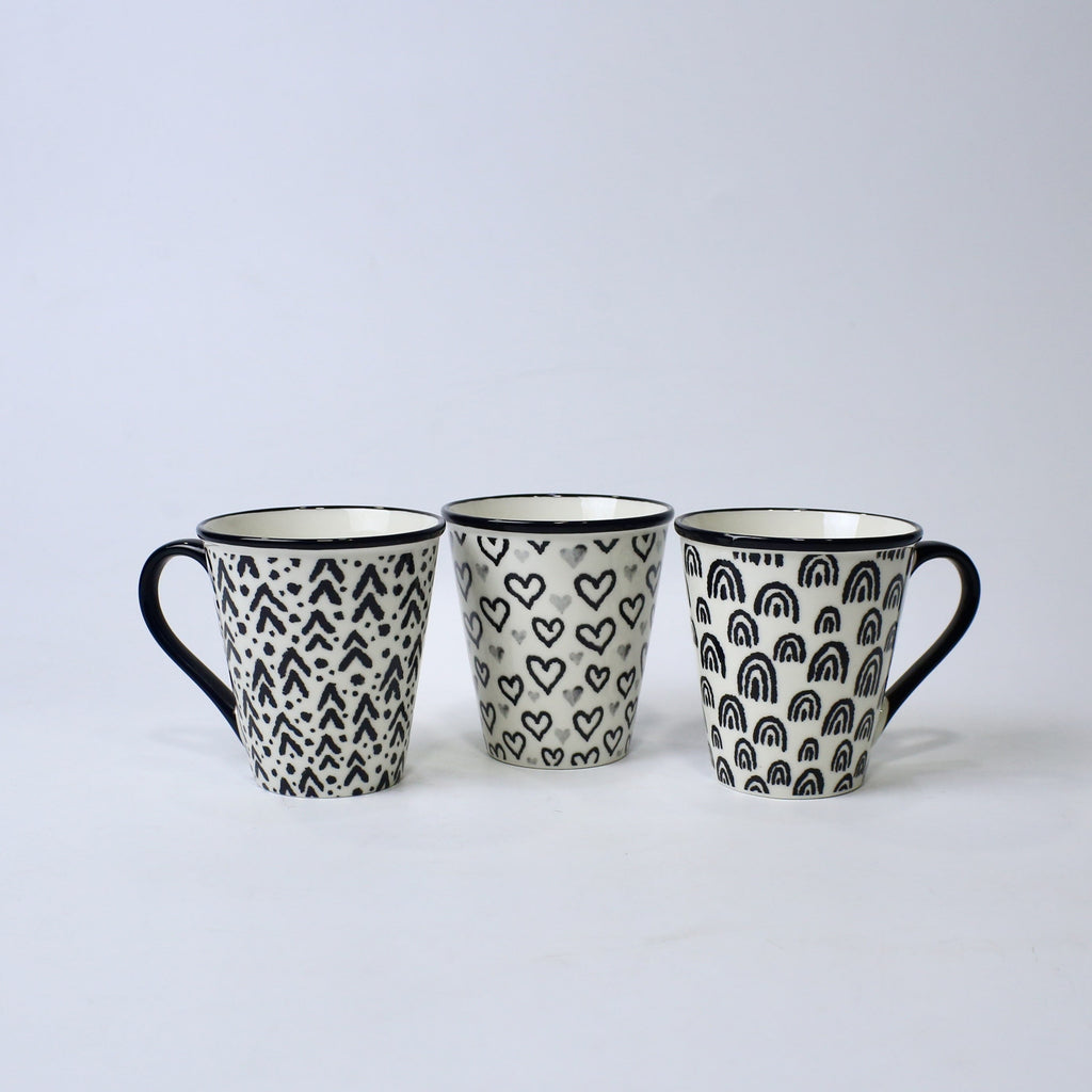 Set of 3 Black & White Ceramic Mugs – Heart & Pattern Designs | Imperial Nest