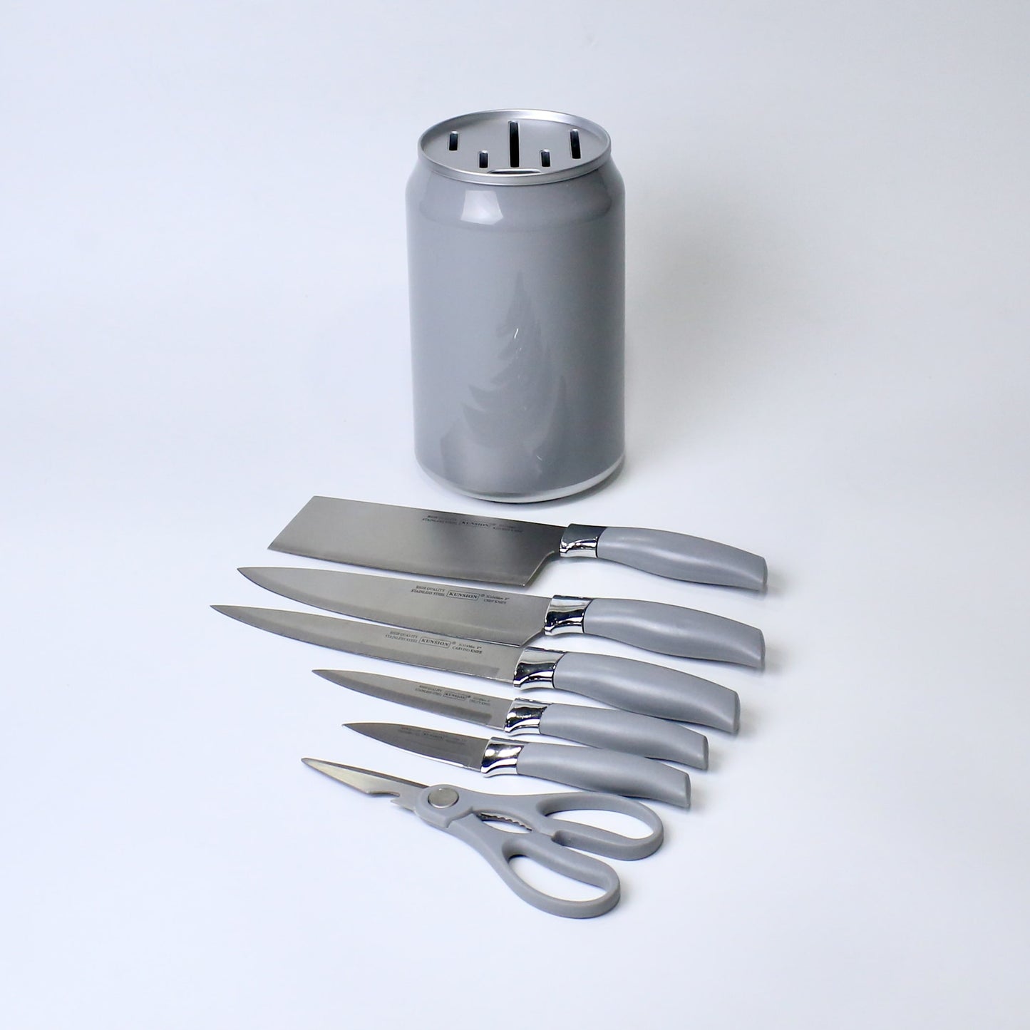 7-Piece Stainless Steel Knife Set with Scissors & Canister | Ergonomic Grey Handles | Kitchen Essential