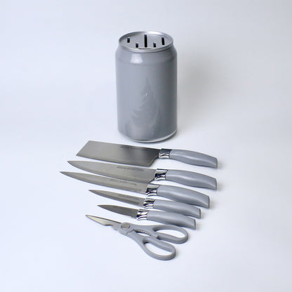7-Piece Stainless Steel Knife Set with Scissors & Canister | Ergonomic Grey Handles | Kitchen Essential