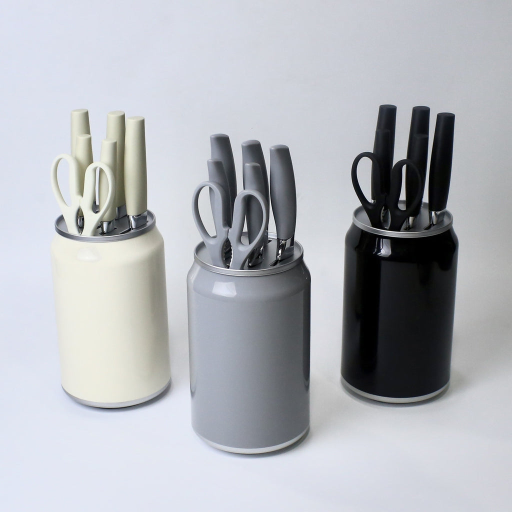 7-Piece Stainless Steel Knife Set with Scissors & Canister | Ergonomic Grey Handles | Kitchen Essential