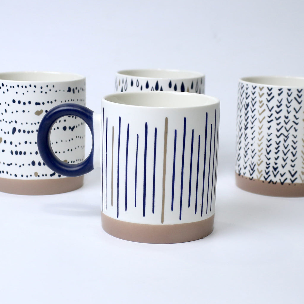 Set of 4 Sapphire Scribble Abstract Ceramic Mugs – Modern Art-Inspired Cups | Imperial Nest