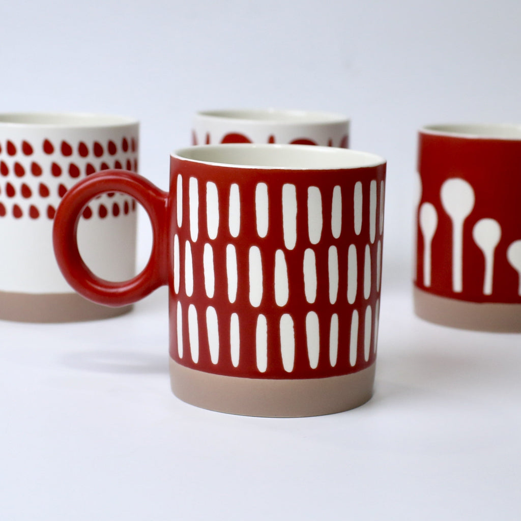 Set of 4 Red & White Geometric Ceramic Mugs – Modern Designer Cups | Imperial Nest