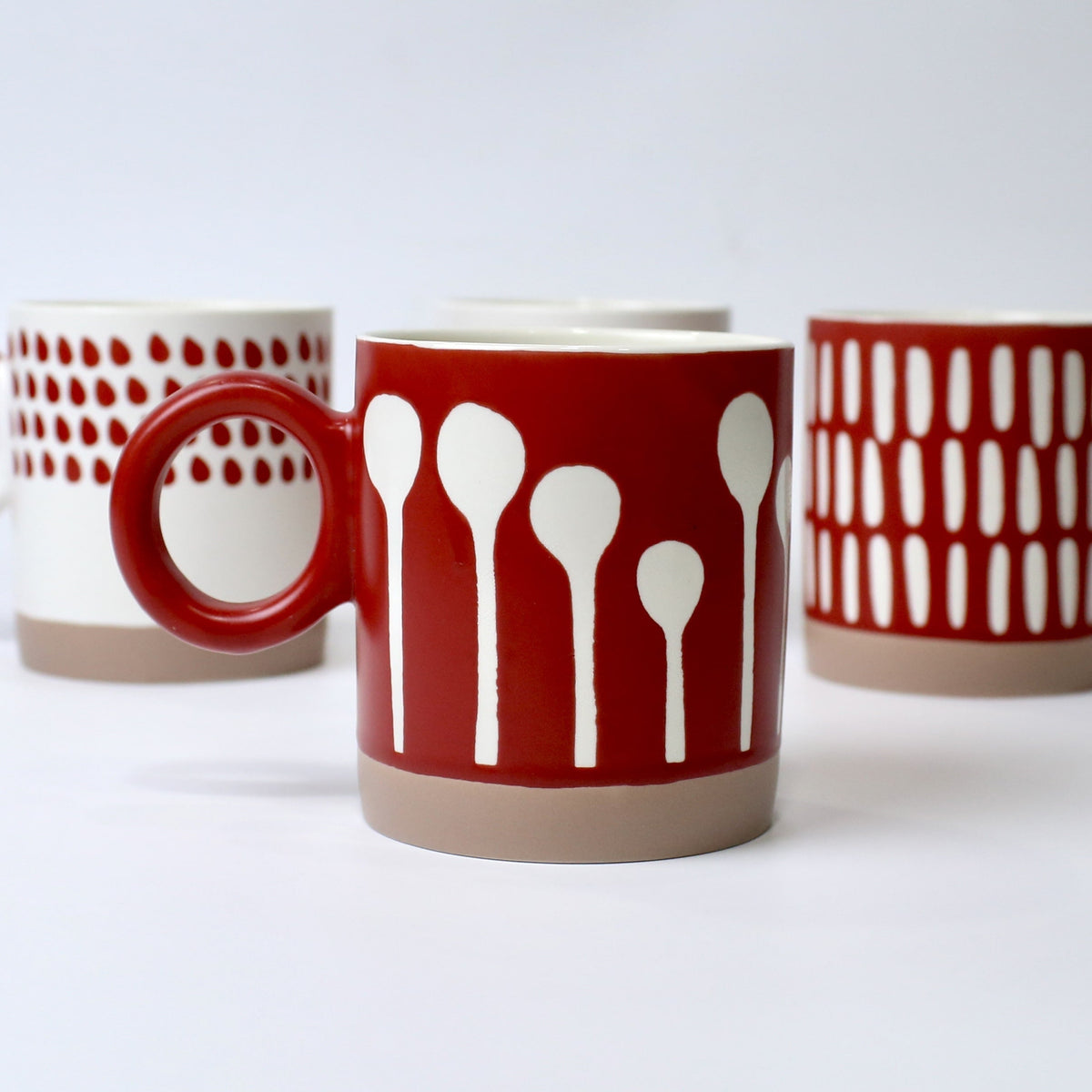 Set of 4 Red & White Geometric Ceramic Mugs – Modern Designer Cups | Imperial Nest