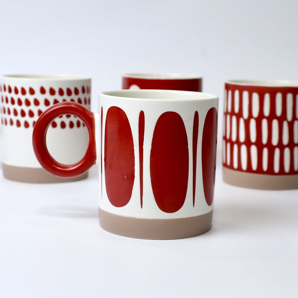 Set of 4 Red & White Geometric Ceramic Mugs – Modern Designer Cups | Imperial Nest