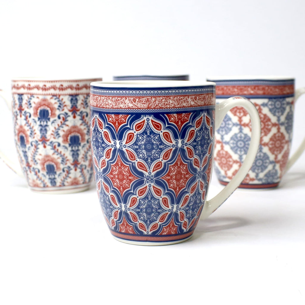 Set of 4 Saffron Mandala Ceramic Mug Collection – Red & Blue Traditional Prints | Imperial Nest