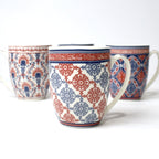 Set of 4 Saffron Mandala Ceramic Mug Collection – Red & Blue Traditional Prints | Imperial Nest