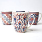 Set of 4 Saffron Mandala Ceramic Mug Collection – Red & Blue Traditional Prints | Imperial Nest