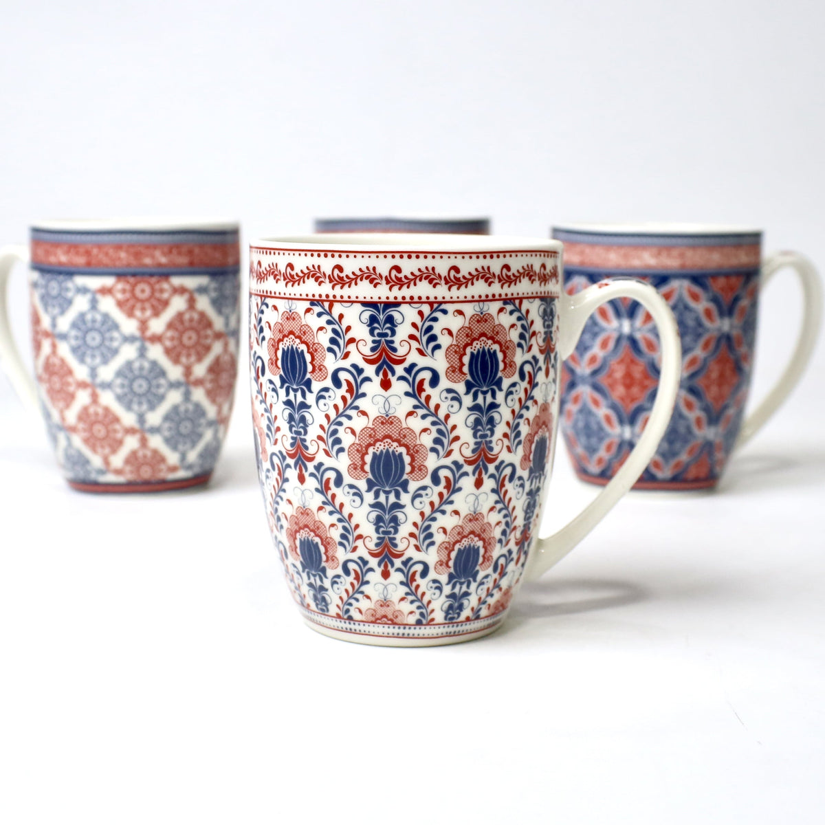 Set of 4 Saffron Mandala Ceramic Mug Collection – Red & Blue Traditional Prints | Imperial Nest