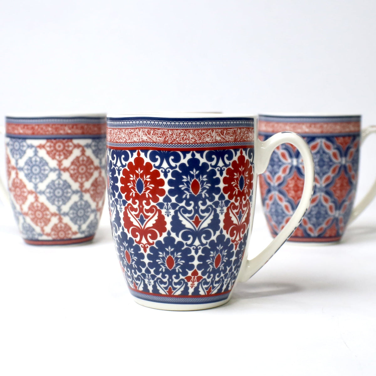 Set of 4 Saffron Mandala Ceramic Mug Collection – Red & Blue Traditional Prints | Imperial Nest