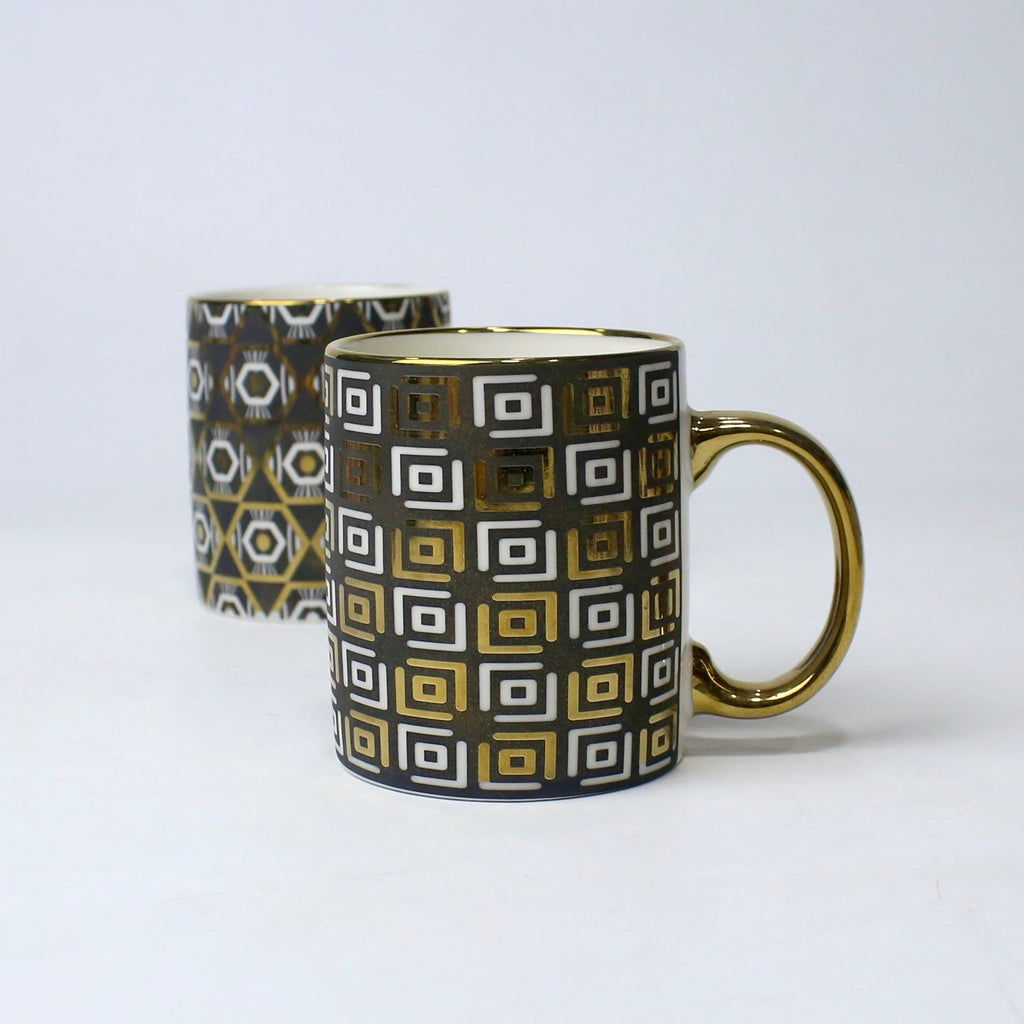 Set of 2 Luxury Geometric Ceramic Mugs with Golden Handle | Imperial Nest