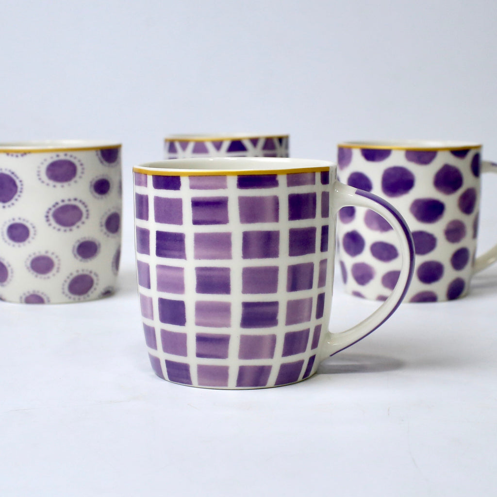 Set Of 4 Purple Pattern Ceramic Mugs – Bold Geometric & Dot Designs | Imperial Nest