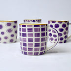 Set Of 4 Purple Pattern Ceramic Mugs – Bold Geometric & Dot Designs | Imperial Nest