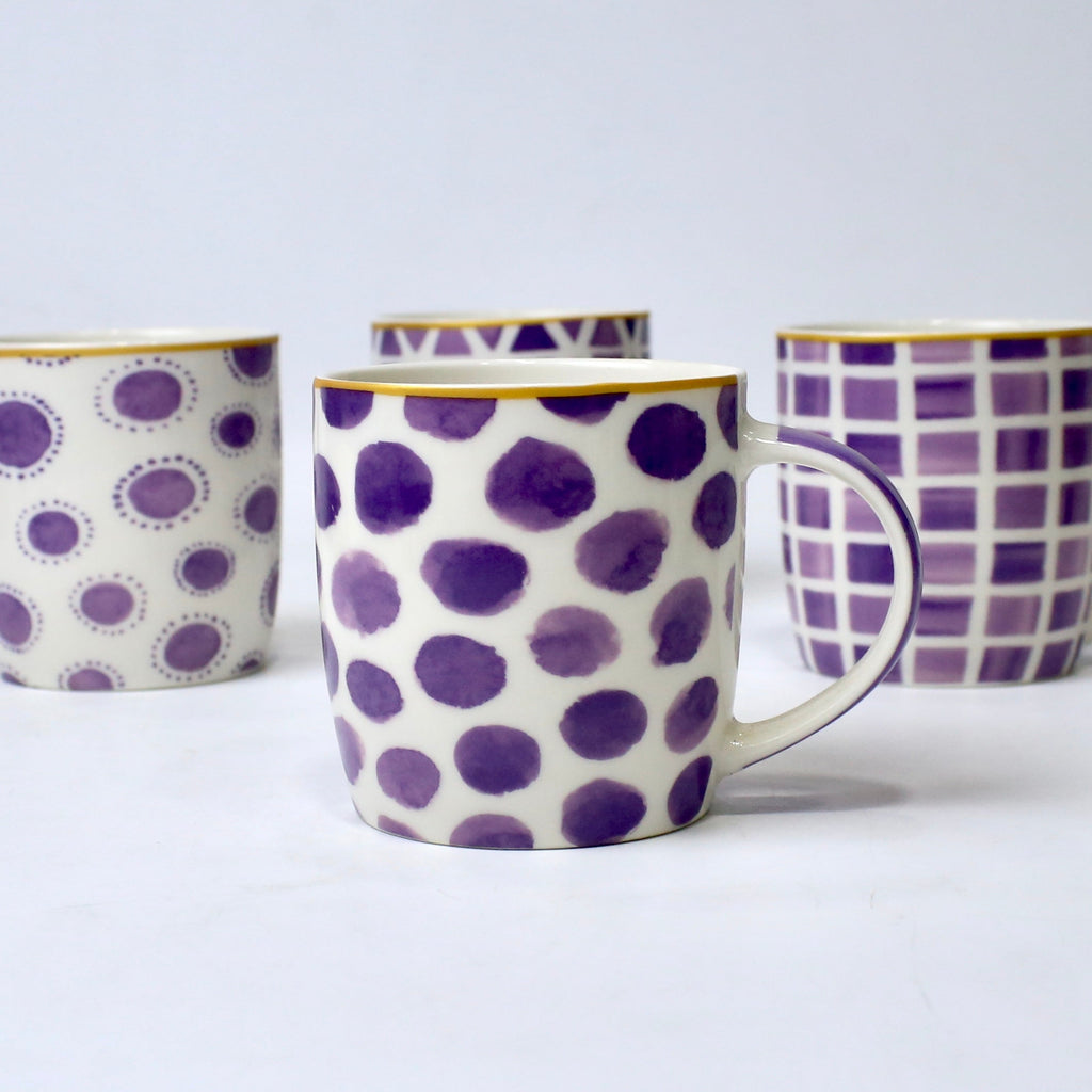 Set Of 4 Purple Pattern Ceramic Mugs – Bold Geometric & Dot Designs | Imperial Nest