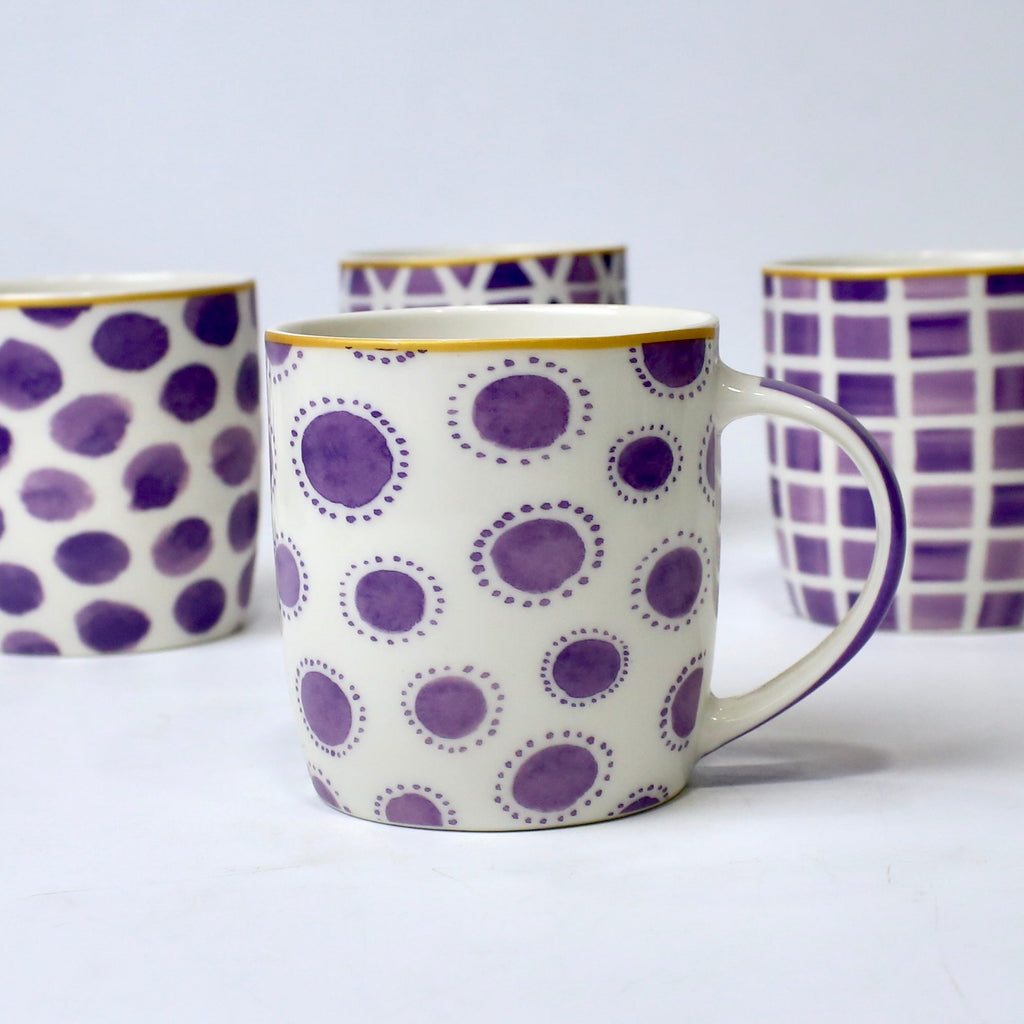 Set Of 4 Purple Pattern Ceramic Mugs – Bold Geometric & Dot Designs | Imperial Nest